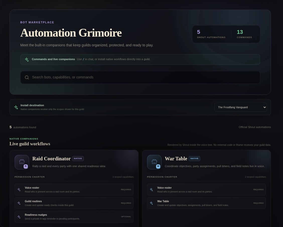 The real Shout Automation Grimoire showing Raid Coordinator and War Table as native, permission-scoped companions