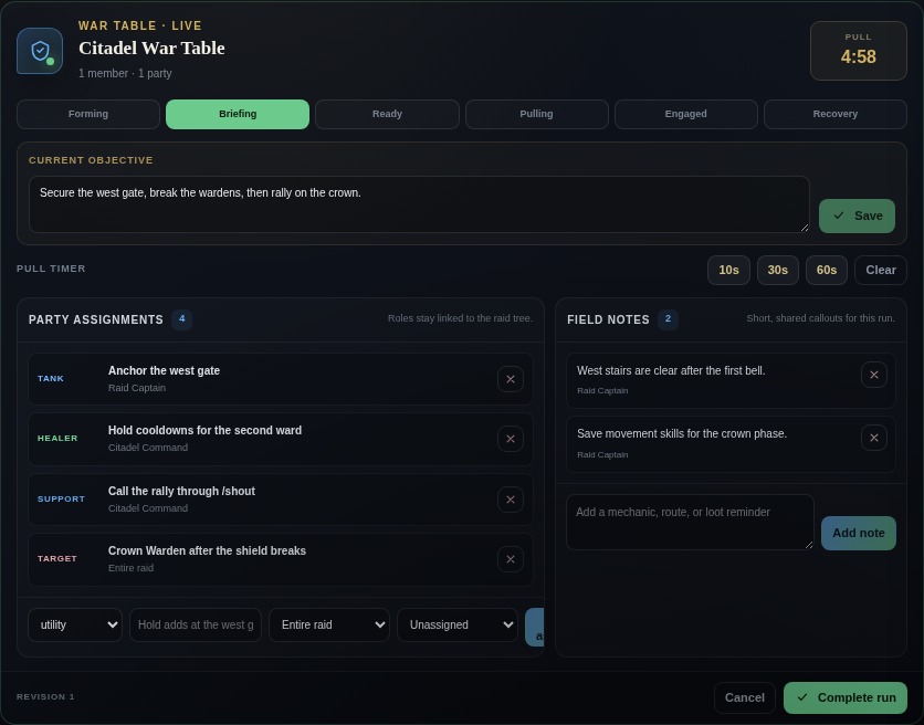 A real live Shout War Table with encounter phase, pull timer, party assignments, and shared field notes