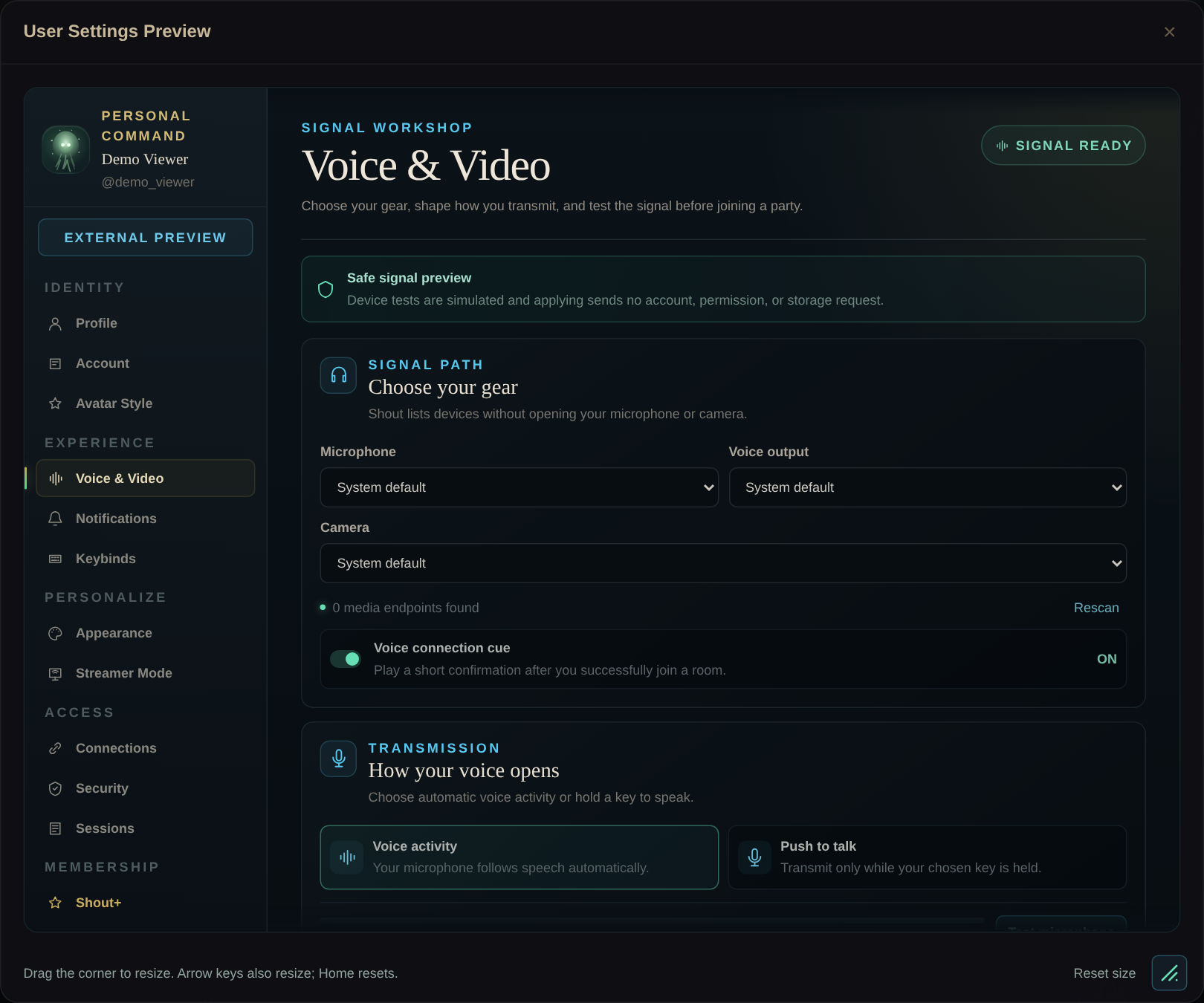 Shout Voice & Video settings with microphone, voice output and input mode controls