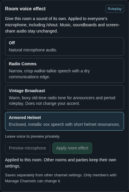 Shout room settings with Armored Helmet selected and Radio Comms and Vintage Broadcast available